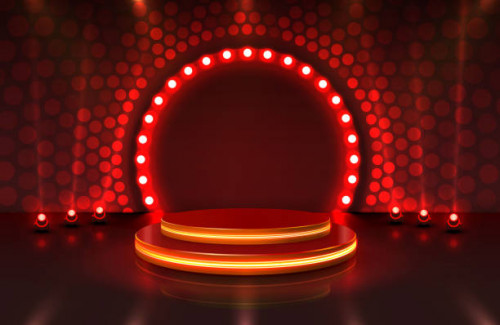 Show light, Stage Podium Scene with for Award Ceremony on red Background. Vector illustration